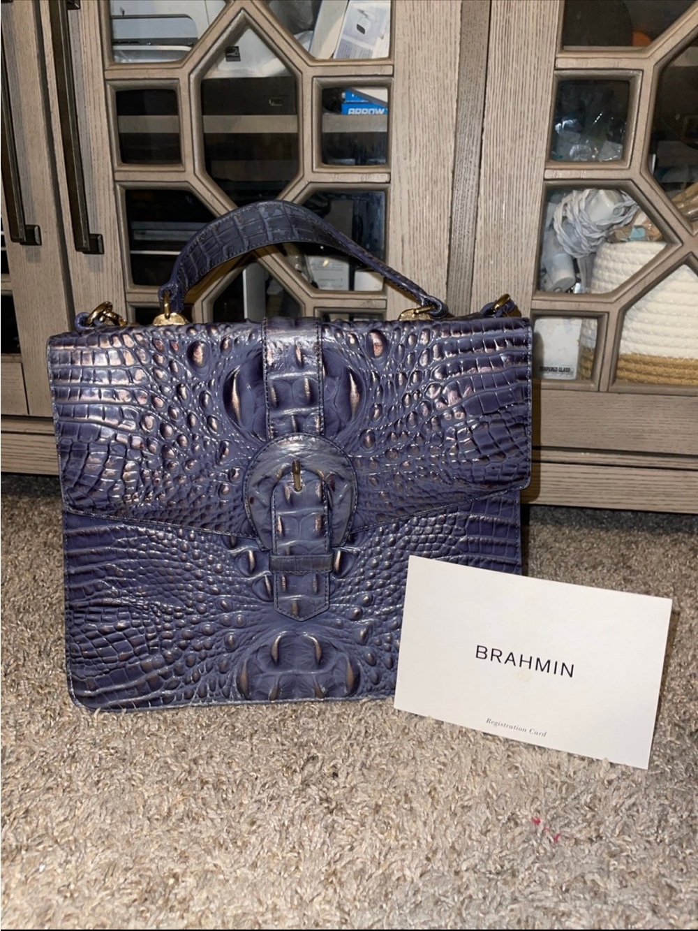 Brahmin Deep Navy Croc-Embossed Leather Top-Handle Briefcase